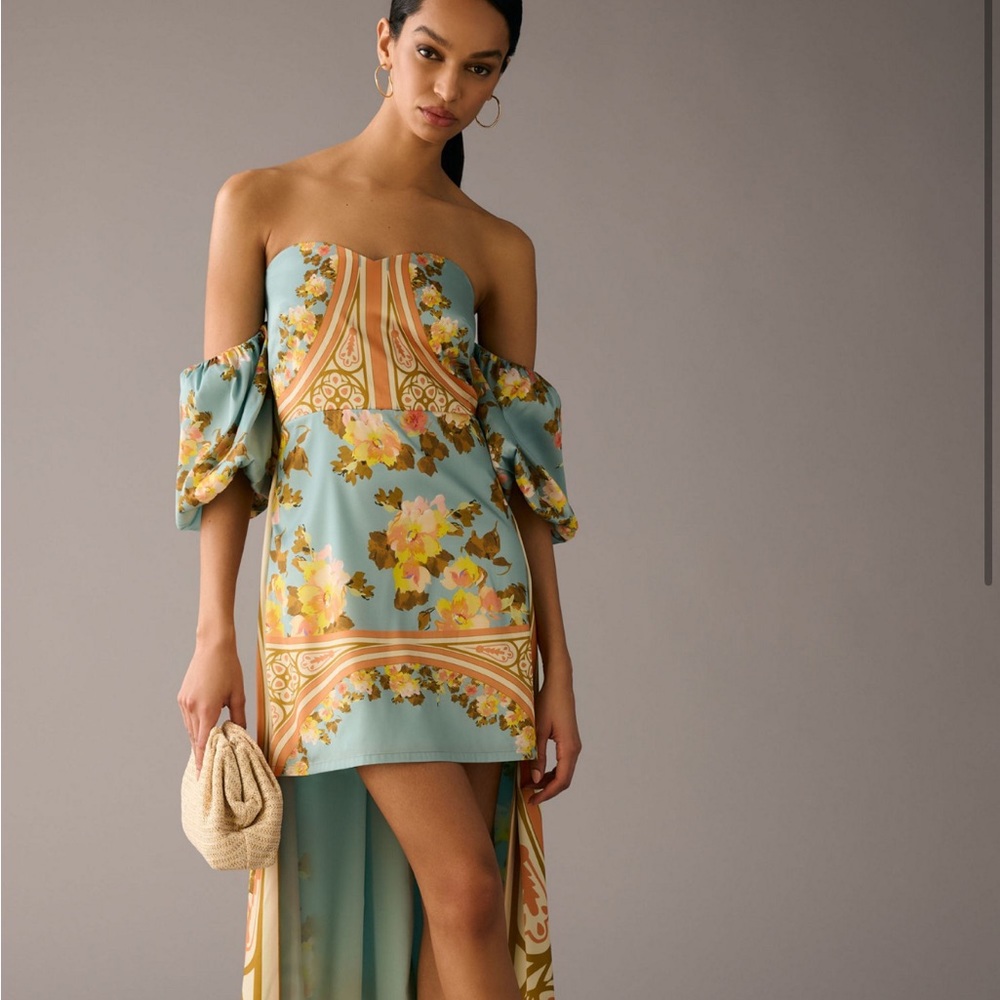 Elegant Floral High-Low Dress in Blue and Yellow